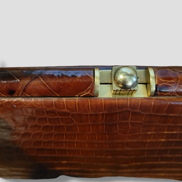 VINTAGE 1950s Industria Argentina Caiman Alligator Leather Purse Cognac Brown - Picture 11 of 17